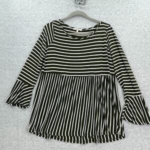 Andree by Unit Blouse Womens Large Green White Striped Bell Sleeves Peplum